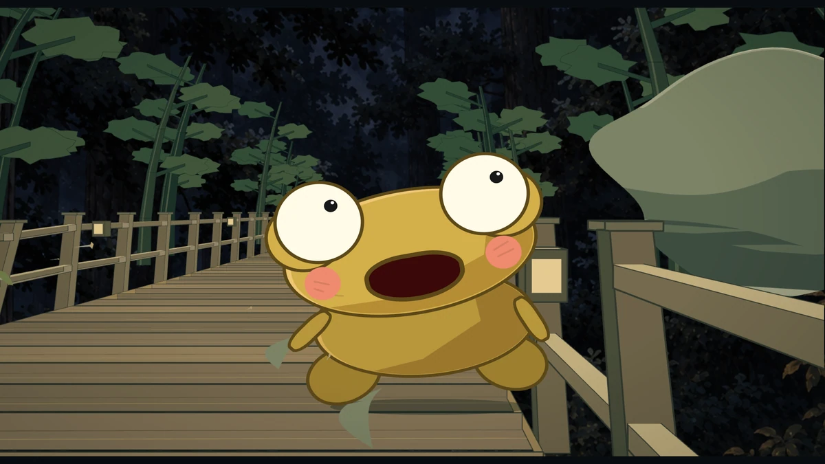 Kero faces the oni on the bridge, mouth open in protest.