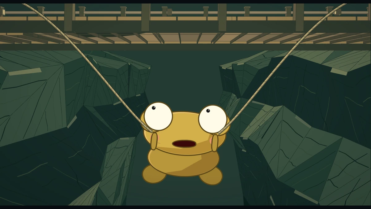 Kero jolts lower on the rope, mouth open, with the gorge below him.