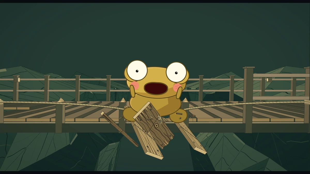 Kero falls below the bridge among the broken planks, mouth wide open.