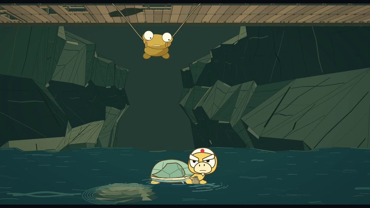Far below the dangling Kero, Kame swims up the river with a little pouch.