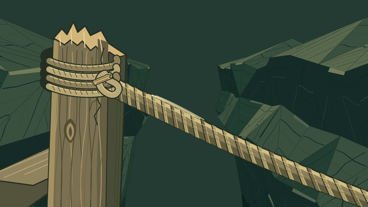 The rope’s knot strains around a splintered post, its fibres fraying.