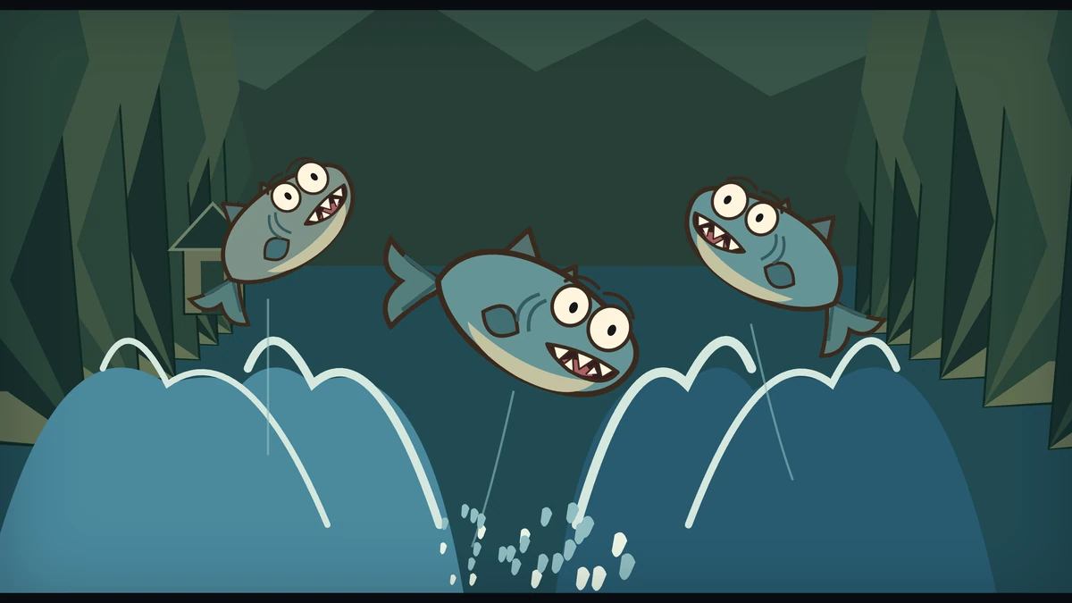 The three fish fly through the air above the crashing water.