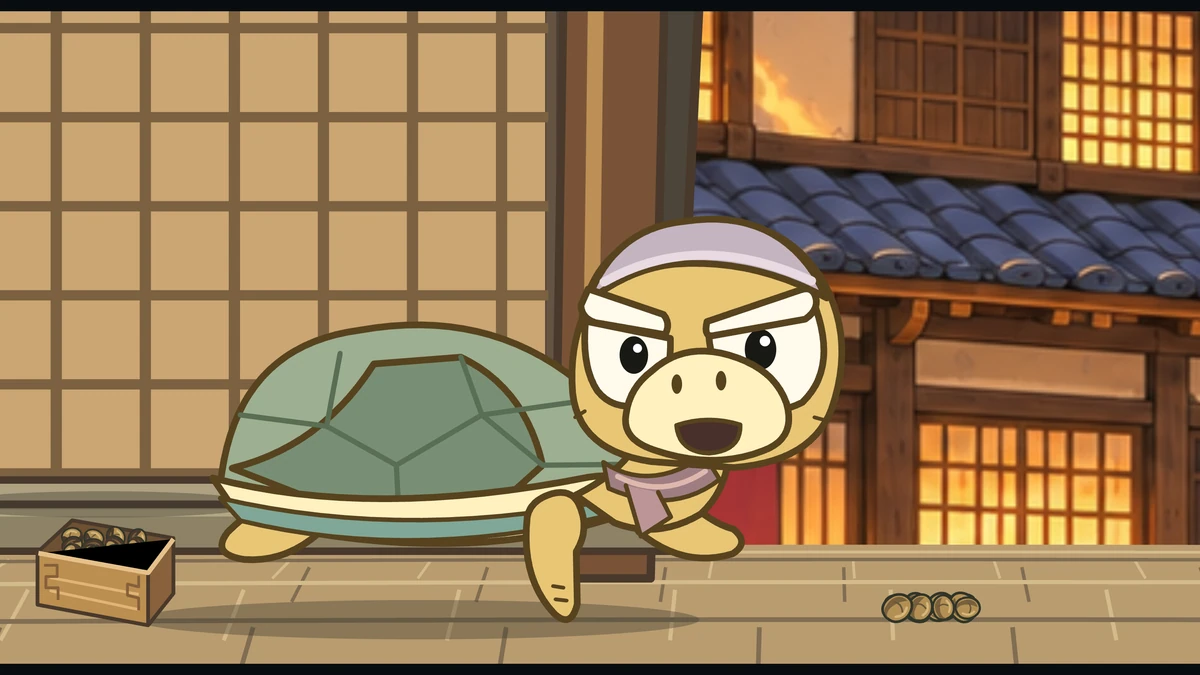 Grandma Kame turns to the house and calls out, beans scattered on the floor.