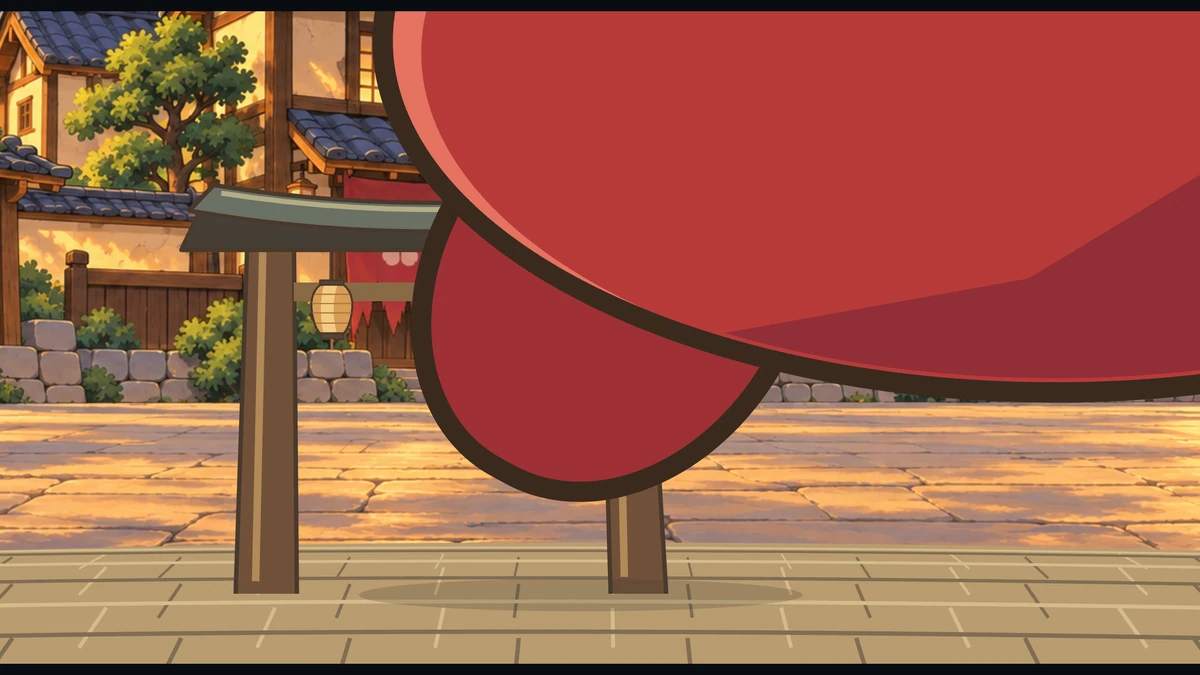 A giant red oni foot lands beside a small wooden gate in the village street.