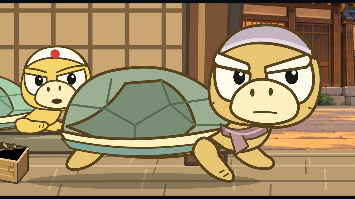 Grandma Kame, in her purple headscarf, stands her ground, young Kame peeking out behind her shell.