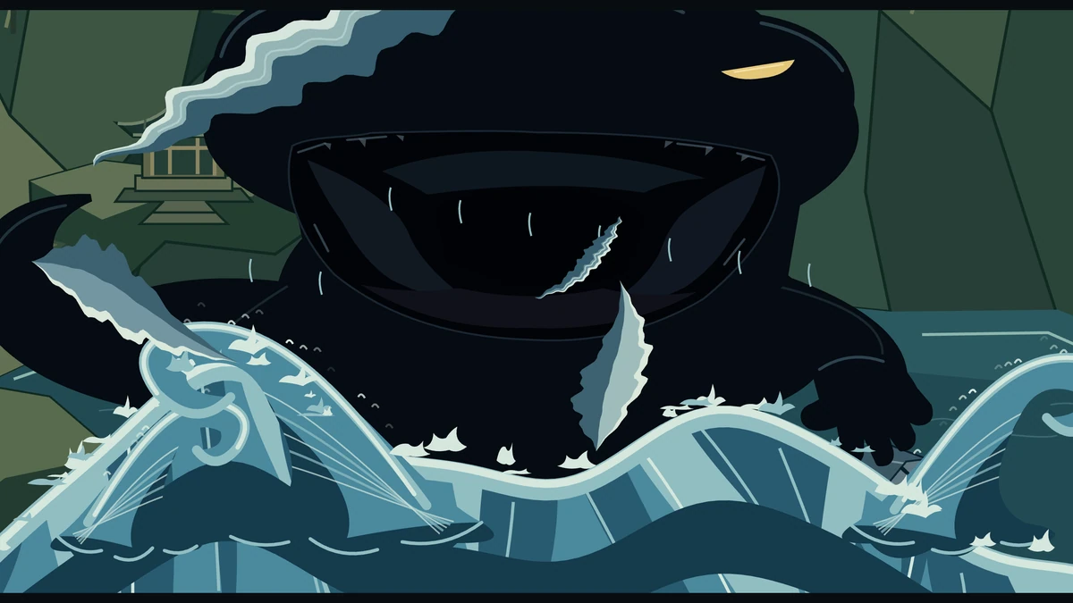 The giant salamander roars, its mouth wide, as waves burst up around it.