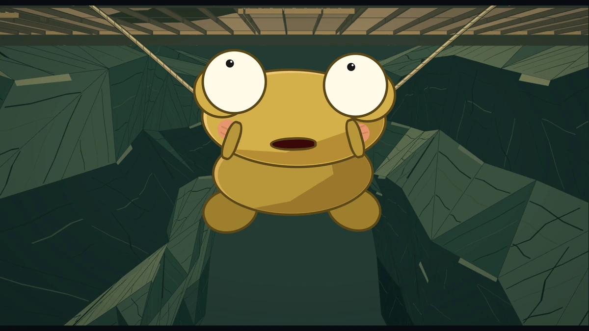 Kero slips lower on the rope and shouts up, eyes huge.