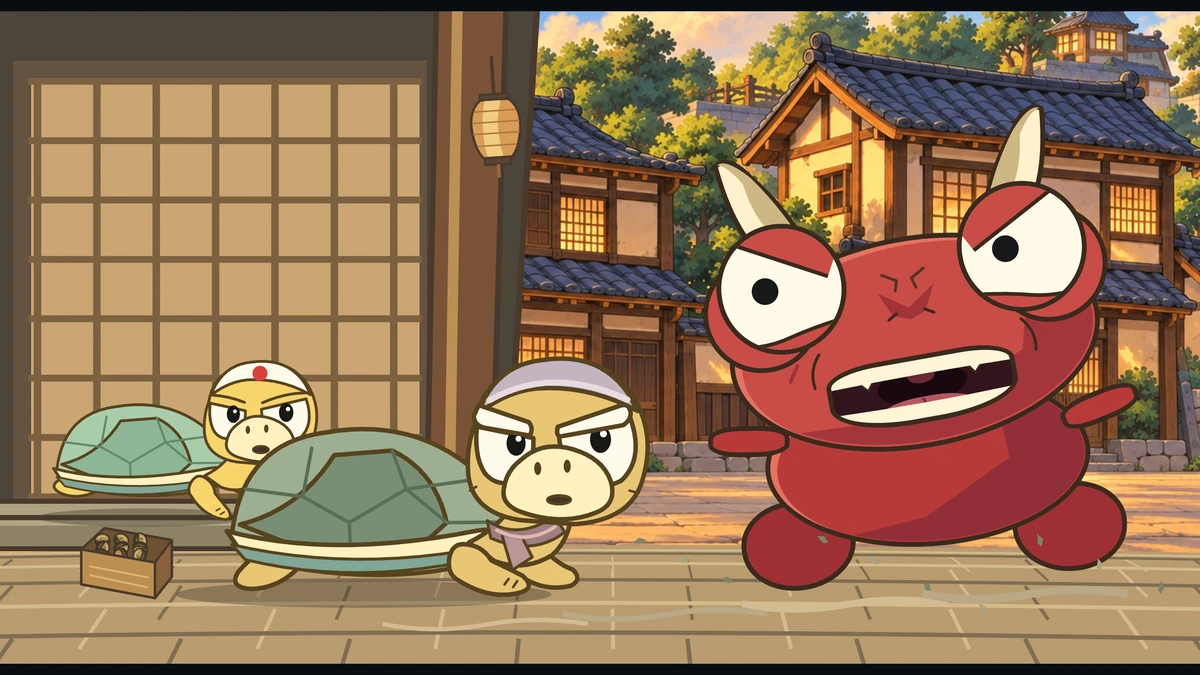 Young Kame hides behind his grandmother as the oni looms over them.