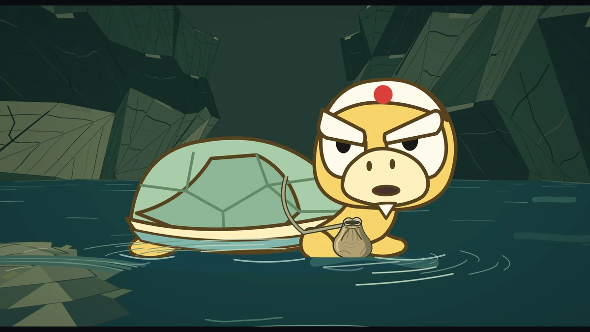 Kame treads water, holding up a small cloth pouch.