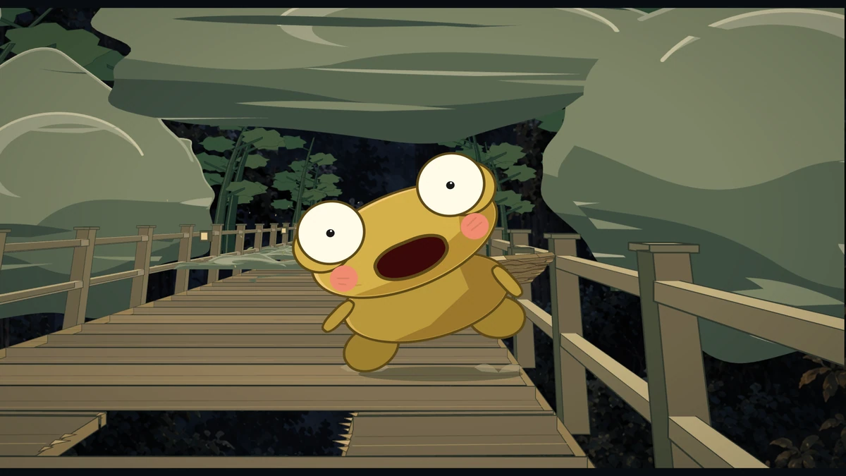 Kero lands on the bridge, wide-eyed, with the storm still swirling behind him.