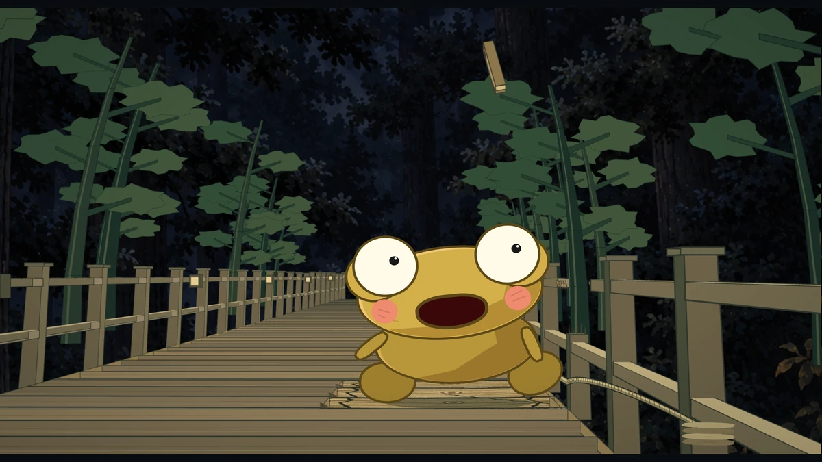 Kero pops up grinning on the deck. Above him, a broken piece of rail is falling.