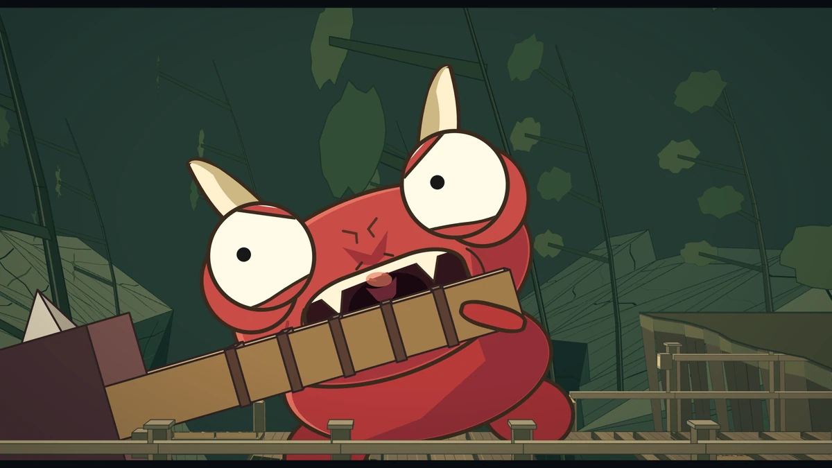 The oni screams, fangs bared, his eyes watering.