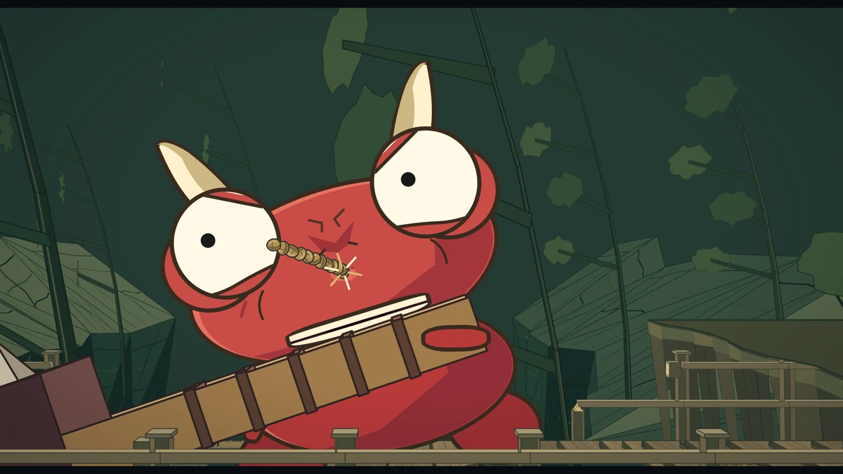 A spray of beans strikes the oni’s nose.