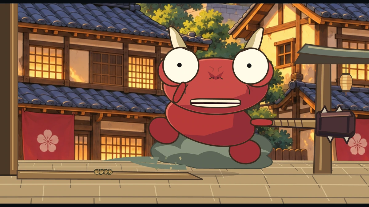 The oni scrambles away past the gate, beans scattered on the street.