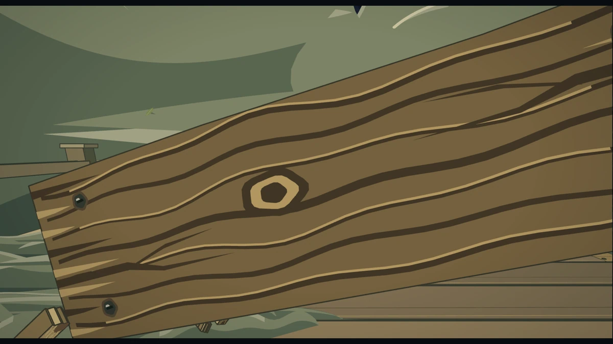 A ripped wooden plank spins out of the storm, filling the frame.
