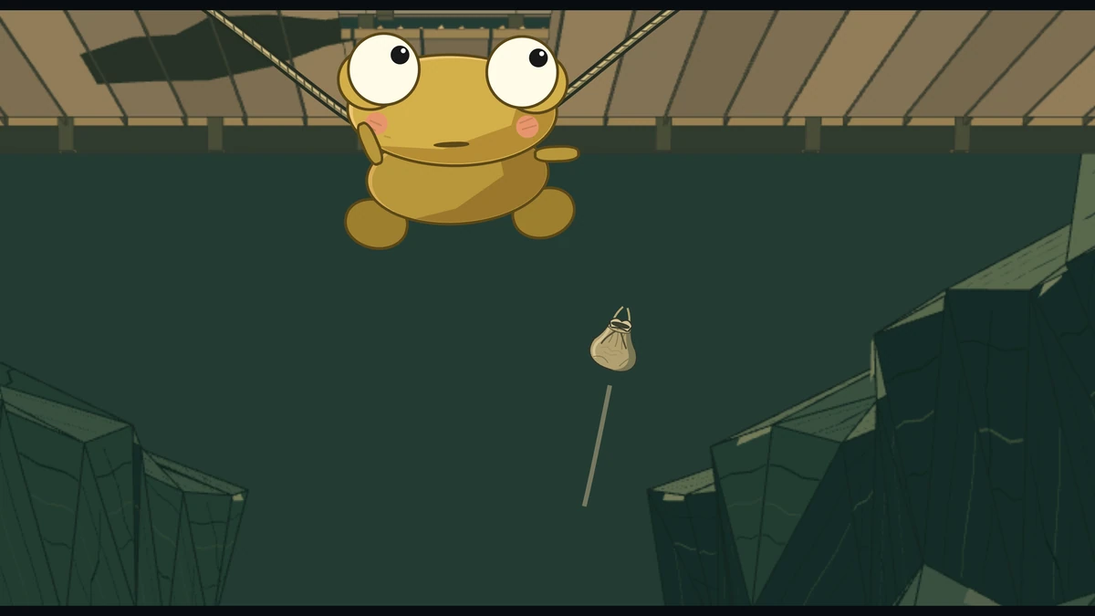 The pouch flies up toward Kero, who hangs from the rope far above.