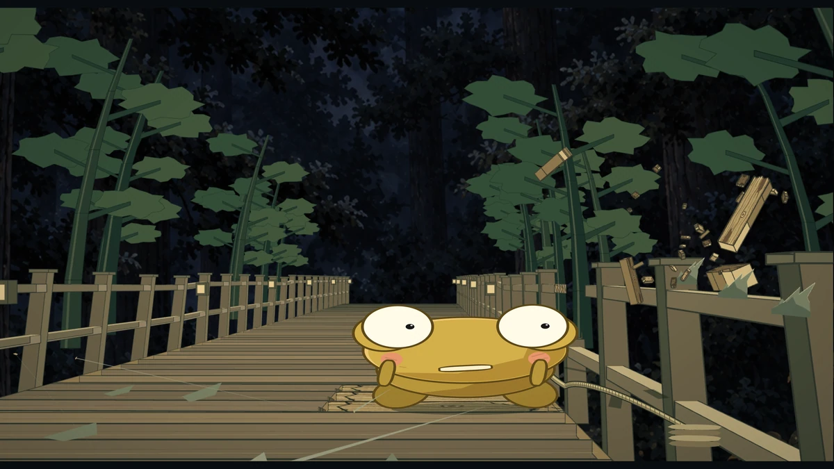 Splinters of railing fly over Kero as he lies flat on the deck.