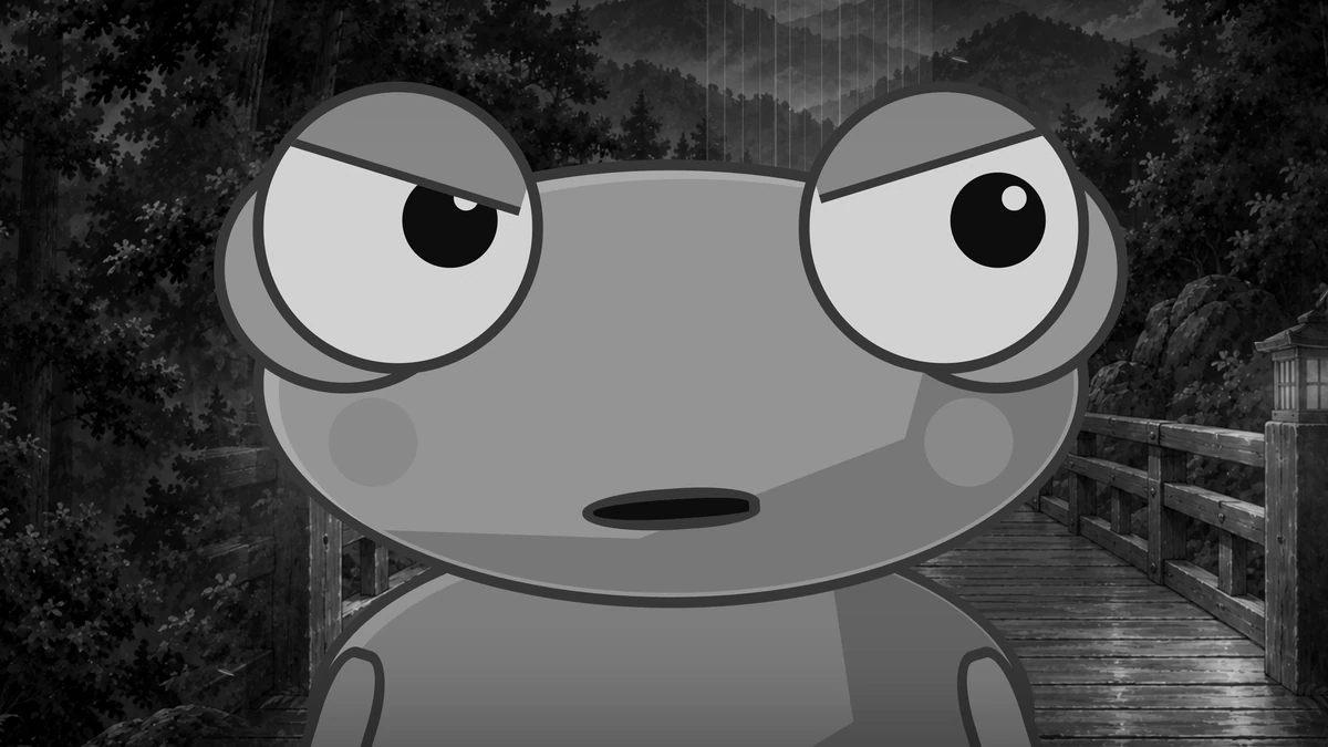 In black and white, a close-up of Kero frowning on the empty bridge.