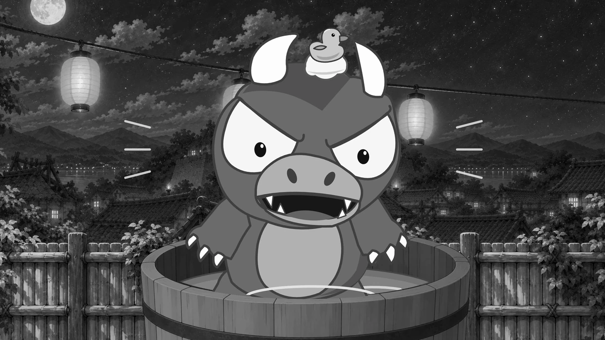 Goro roars an order from his bathtub, a rubber duck on his head.