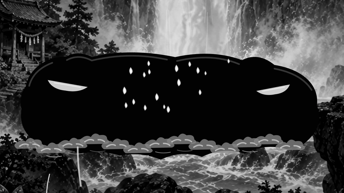 A huge dark salamander rises in front of the waterfall, two pale eyes narrowed.
