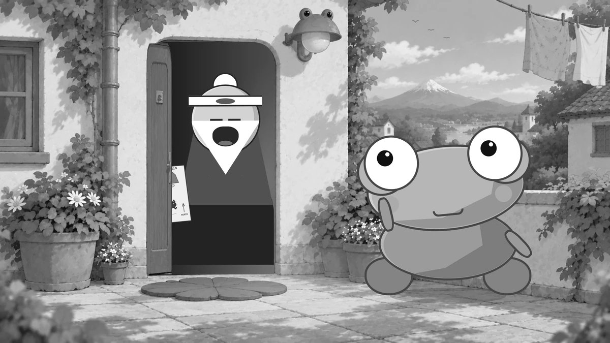 Sensei stands in his doorway while Kero waits outside with the map.