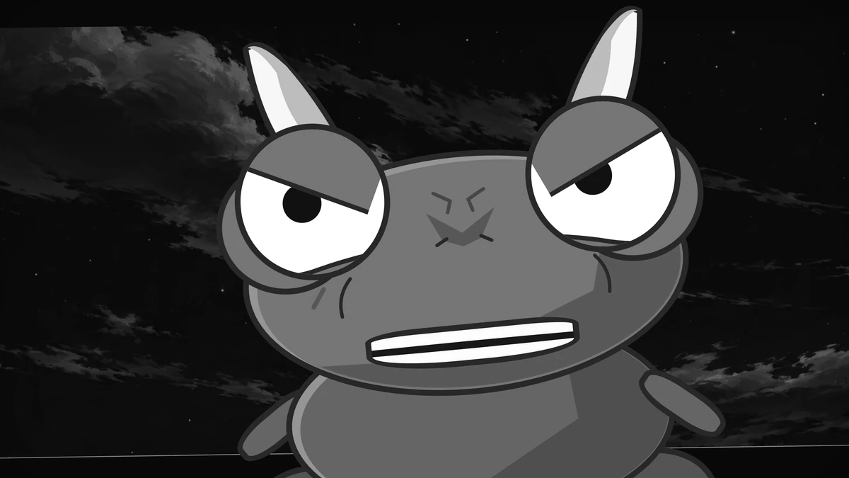 In black and white, the oni glares down with his teeth clenched.