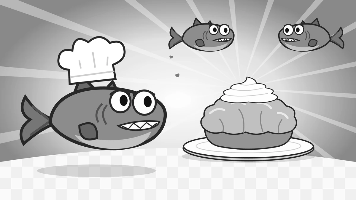 The chef fish in his tall hat dreams of a cream-topped pastry while two fish float by.