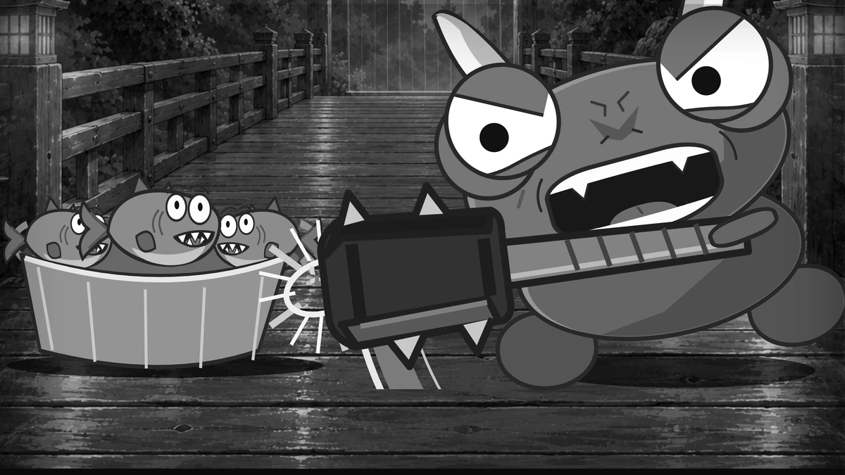 In black and white, the oni swings his spiked club into the Fin Brigade’s washtub on the bridge.