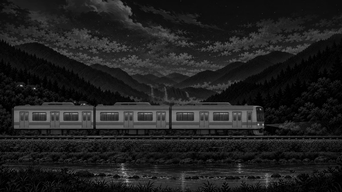 In black and white, a train runs along a dark valley at night.