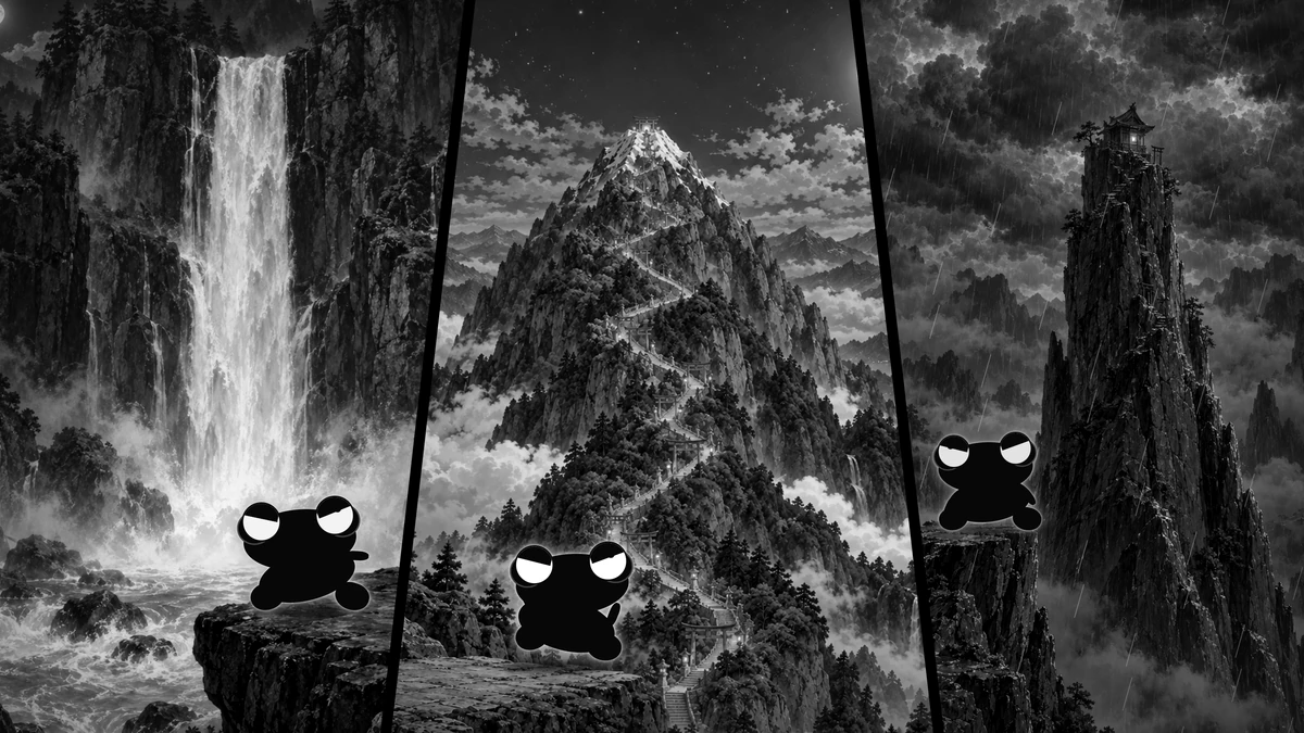 Three trial grounds side by side: a roaring waterfall, a mountain path and a dark peak, a small frog silhouette at each.