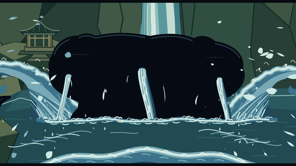A huge black salamander rises through the waterfall pool, water pouring off it.