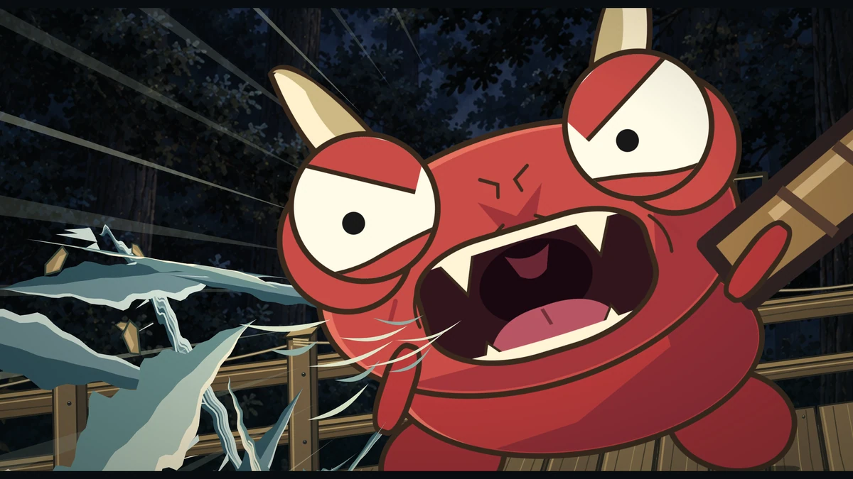 In full colour, the red oni roars at the lens, his club on his shoulder, as a gale of wind and splinters bursts from his mouth.