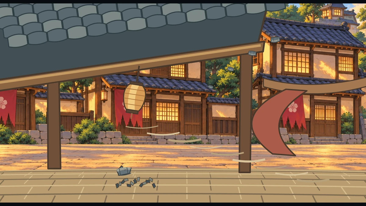 A lantern swings under a porch roof as a broken tile falls to the street.