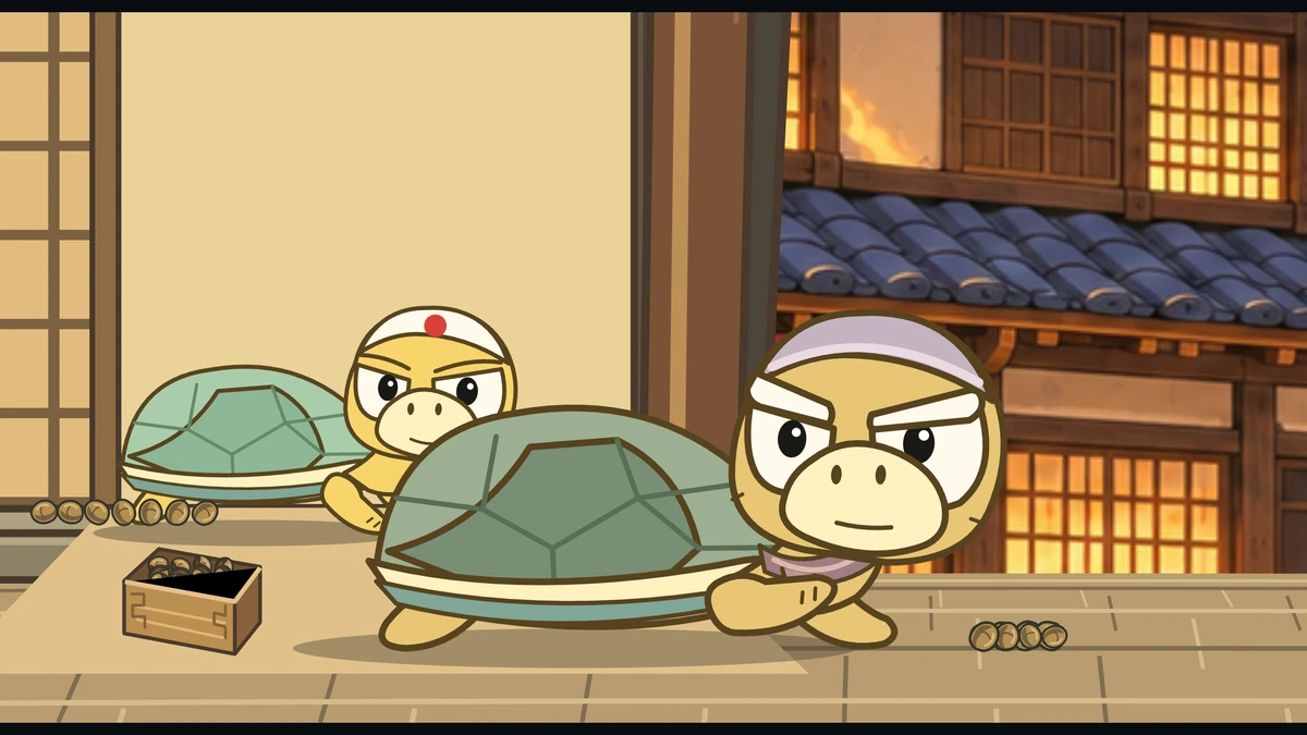 Grandma Kame and young Kame stand at the open door of their house.