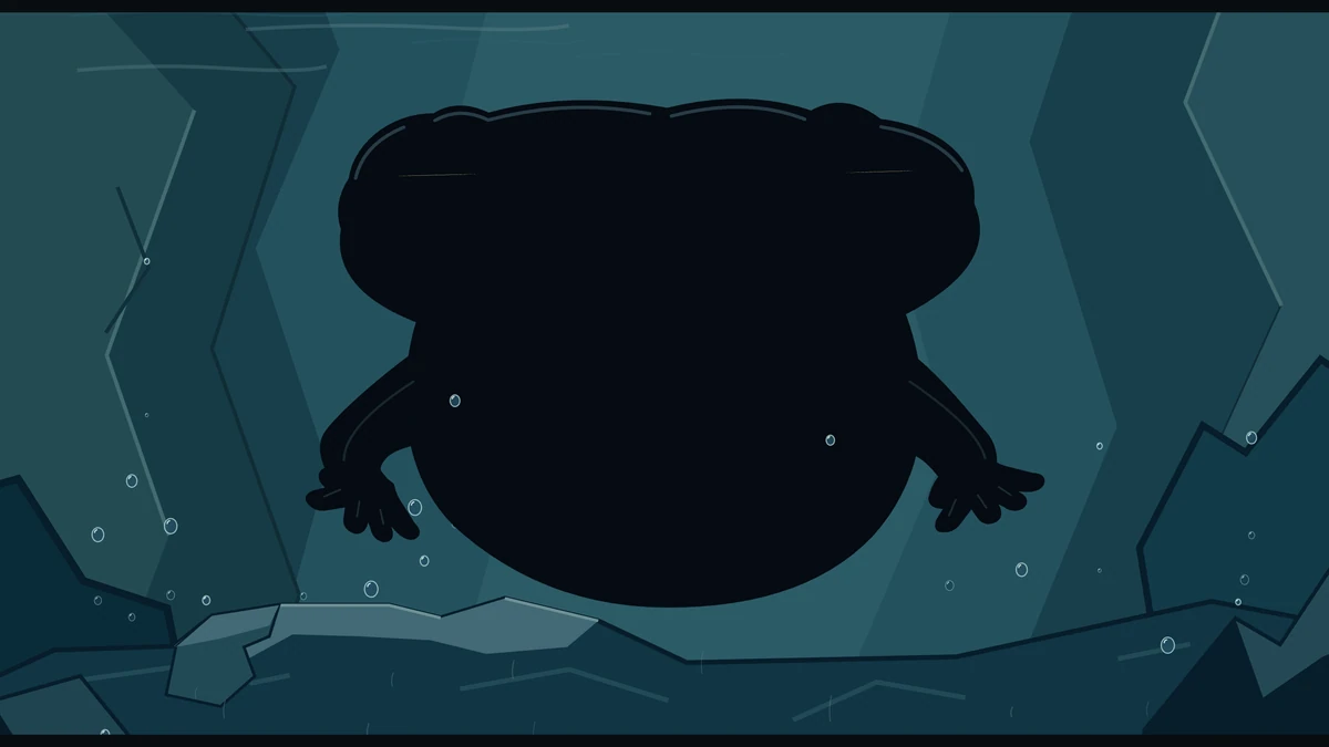 Under the water, a giant dark shape crouches on the rocks.