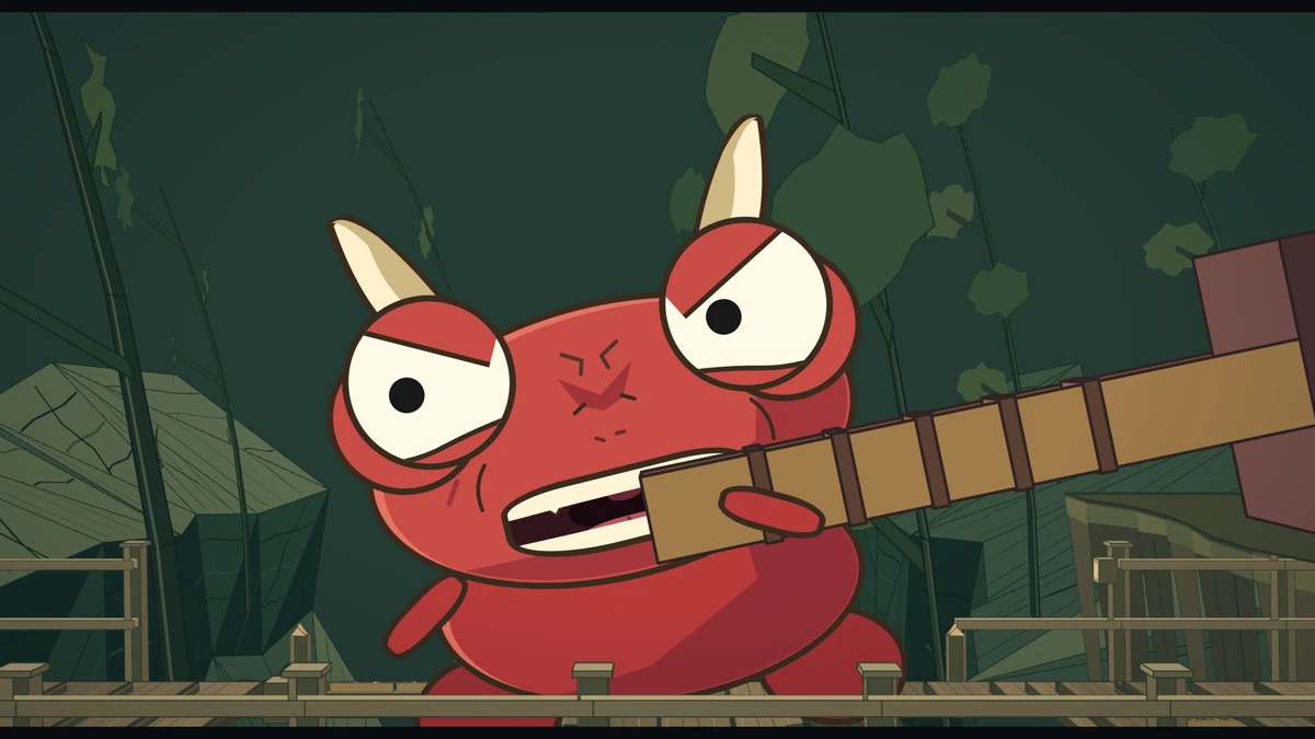 The oni glares over the long handle of his spiked club.
