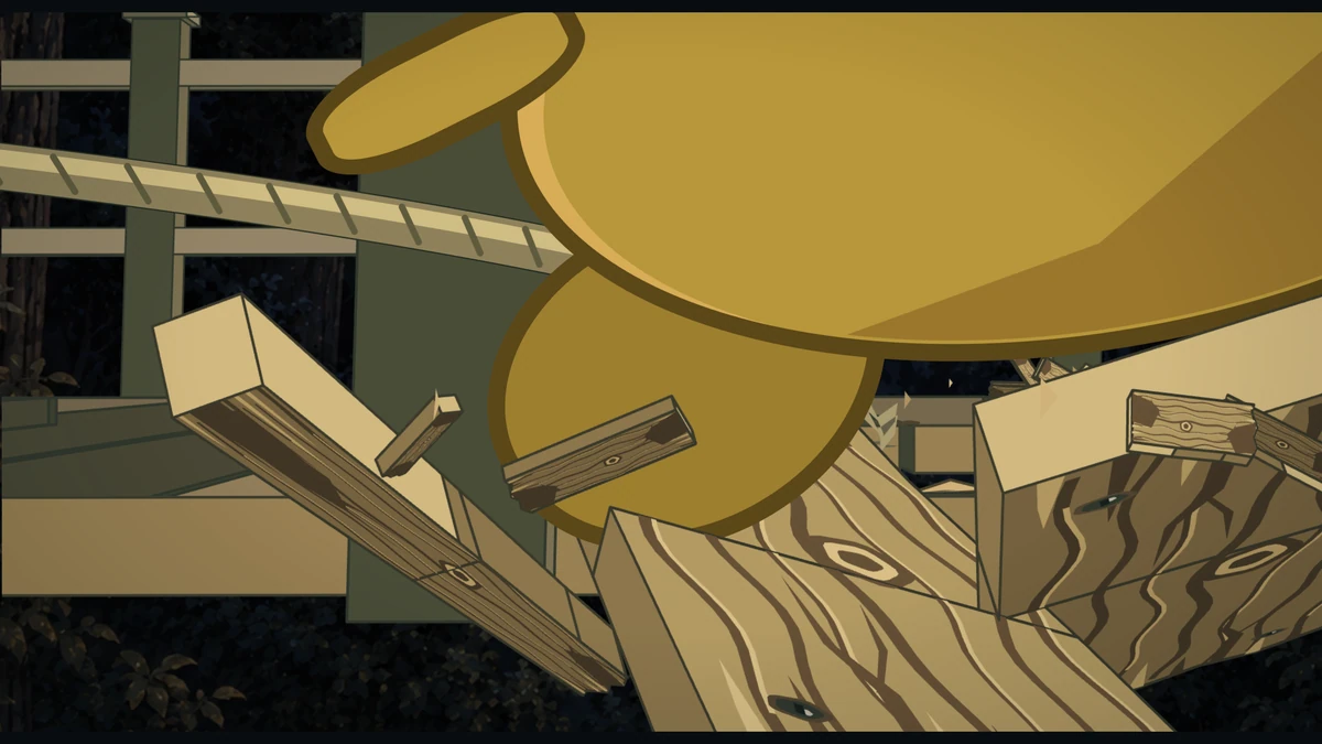 Close on Kero’s foot as the plank under it splits apart.