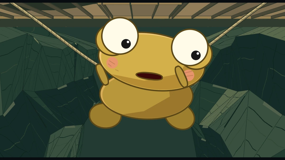 Kero dangles from the rope, eyes huge.