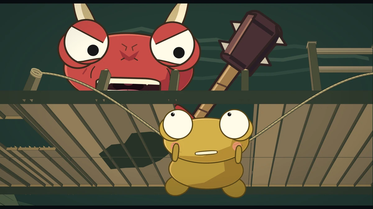 Seen from below, the oni glares down through the broken deck and stamps above Kero.