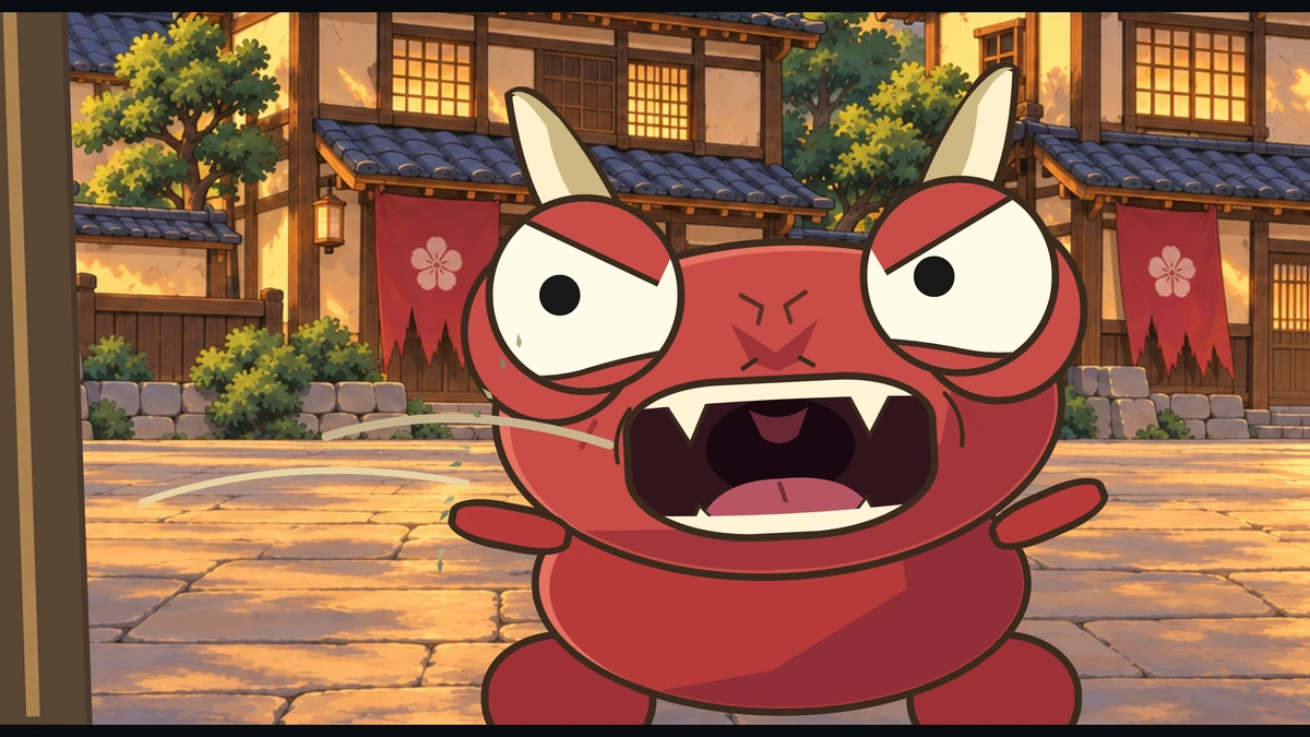 The red oni roars in the middle of the village street.