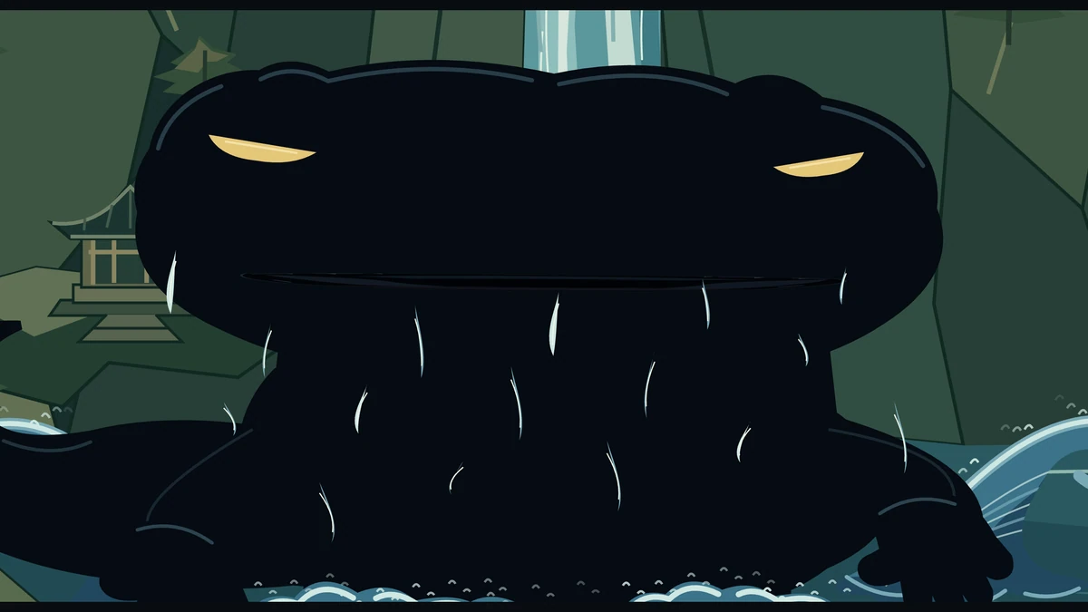 The guardian towers over the falls, its golden eyes narrowed.