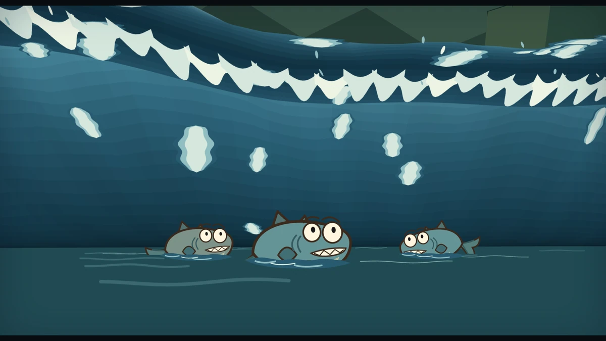 A huge wave rises over the three fish bobbing in the river.