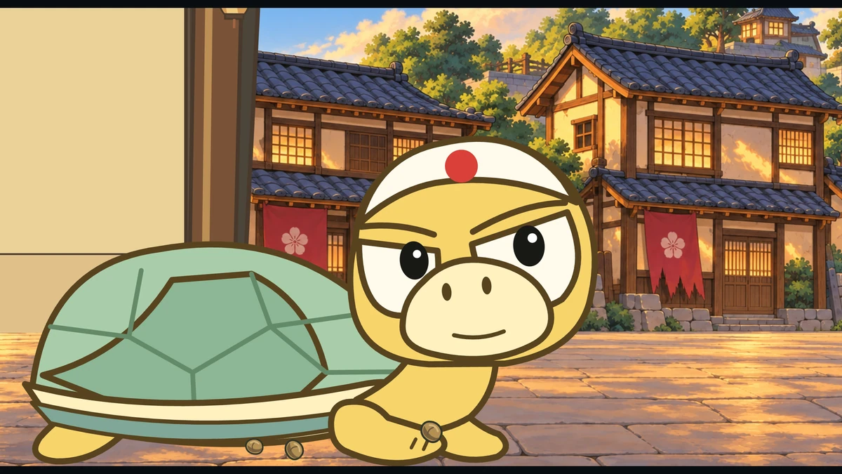 Young Kame looks up at his grandmother, determined, the village behind him.