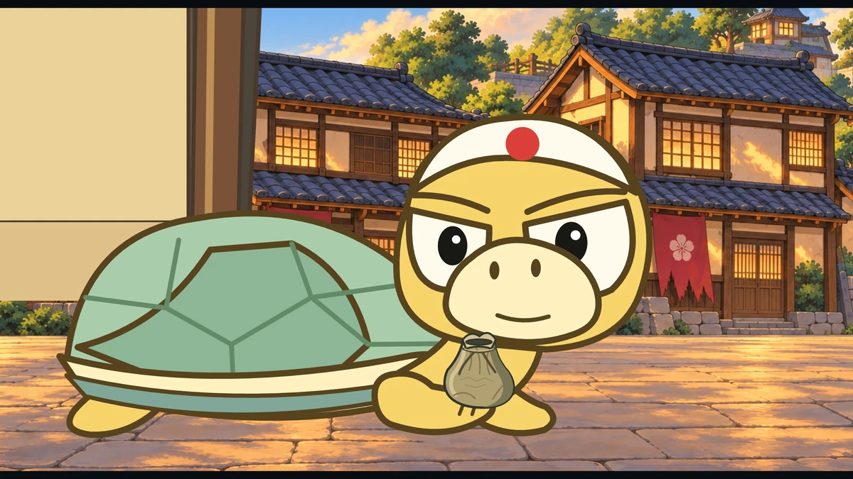 Young Kame clutches the little pouch, chin up.