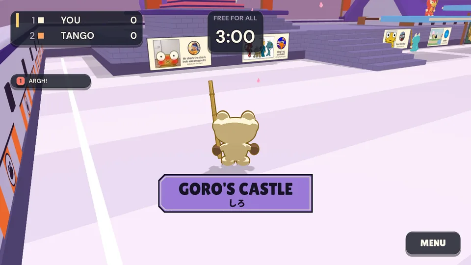 A round starting at Goro’s Castle: Kero stands in the courtyard below the terrace wall, where fans’ drawings hang, over a sign that says GORO’S CASTLE and しろ (shiro, castle).