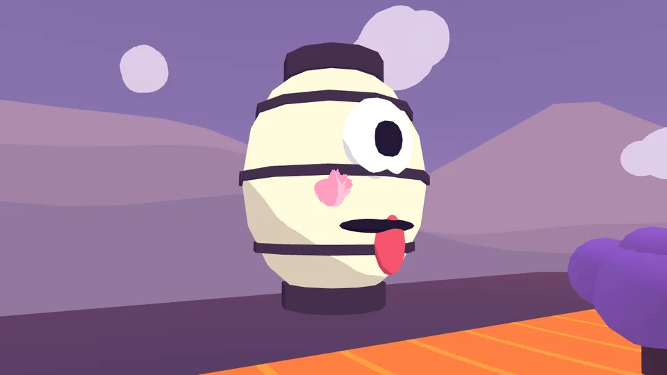 A paper lantern ghost floats over Goro’s Castle in the purple dusk, with one big eye, pink cheeks and its tongue out.