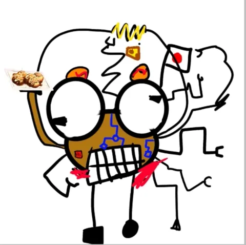 Alaberma’s black line drawing of a wide-eyed, toothy Kero with a crown, takoyaki and red and blue details.