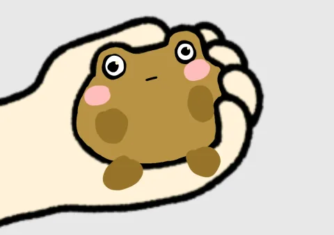 A small, round golden Kero with pink cheeks, wide eyes and a tiny mouth sits cupped in a cream-coloured hand with thick black outlines, on a light grey background.