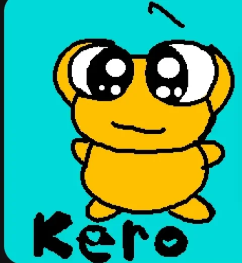 A bright yellow hand-drawn Kero with huge sparkling eyes stands on a turquoise background above black kero lettering.