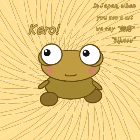 A smiling golden Kero with big round eyes and pink cheeks sits on a swirling pale gold background, with “Kero!” and a note in gold lettering that says the Japanese word for art is Bijutsu.